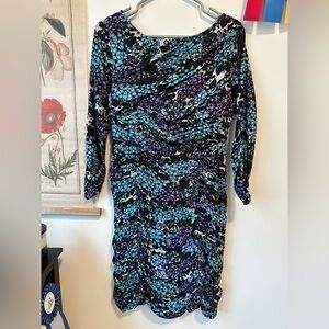 Shoshanna Silk Floral 3/4 Sleeve Ruched Knee Length Dress Blue Purple Black sz 8